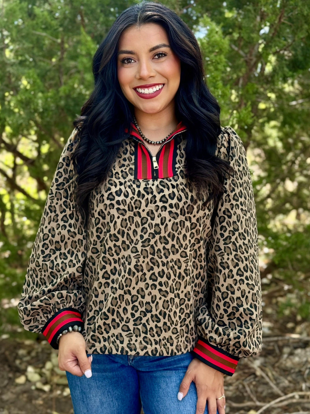 Leopard 1/4 Zip Top With Red Contrast