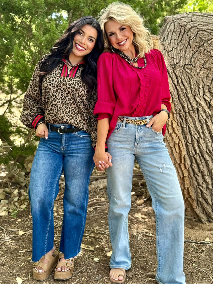 Crimson V-Neck Ruffle Top
