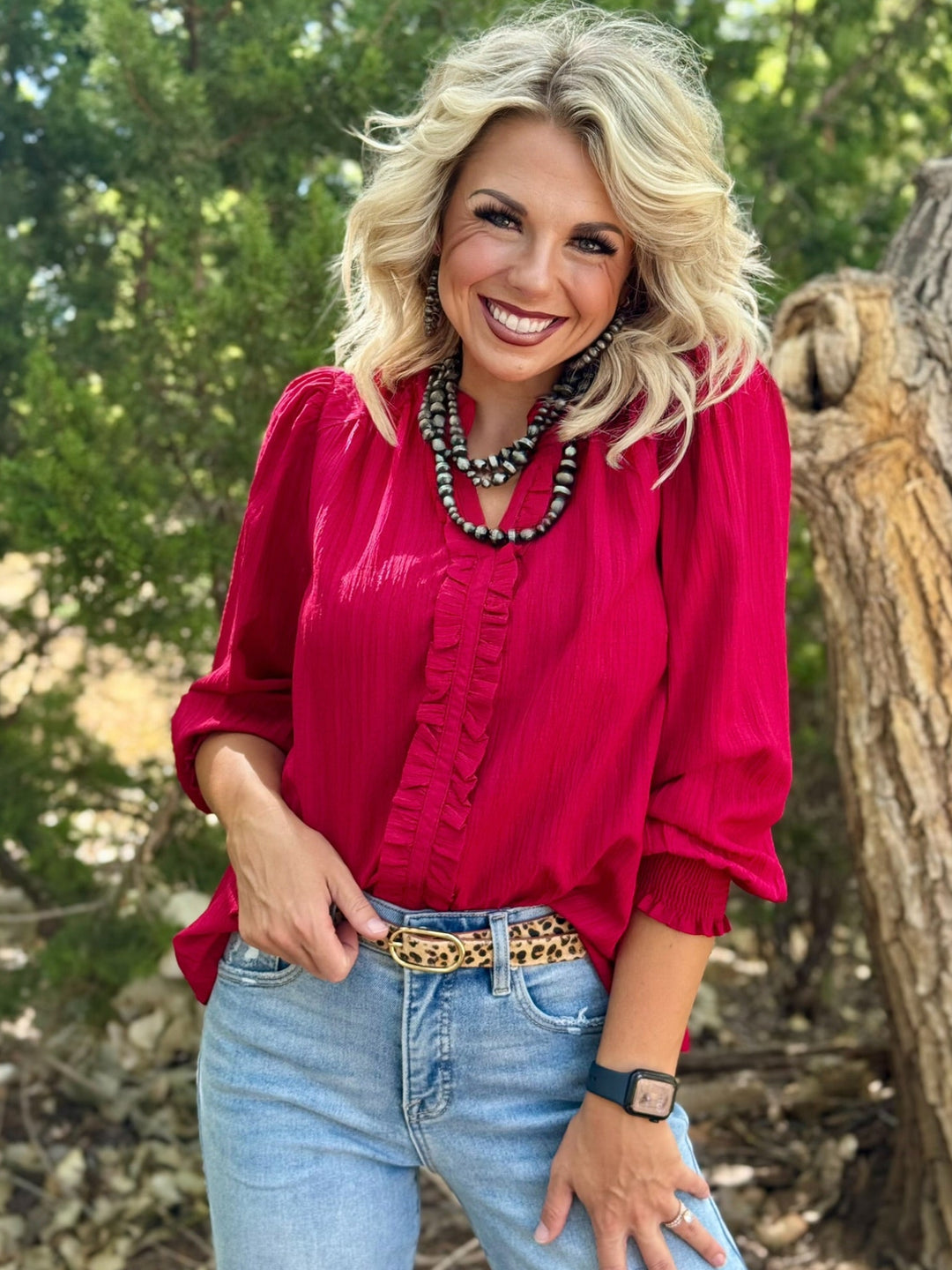 Crimson V-Neck Ruffle Top