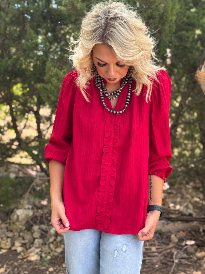 Crimson V-Neck Ruffle Top