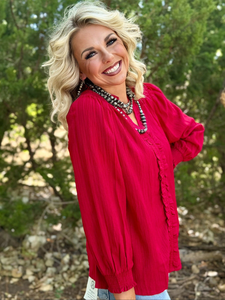 Crimson V-Neck Ruffle Top