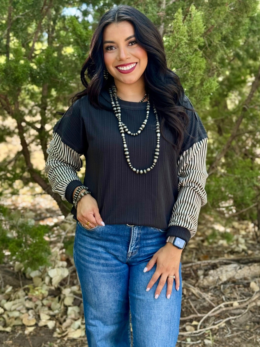 Charcoal Grey Top with Striped Sleeves