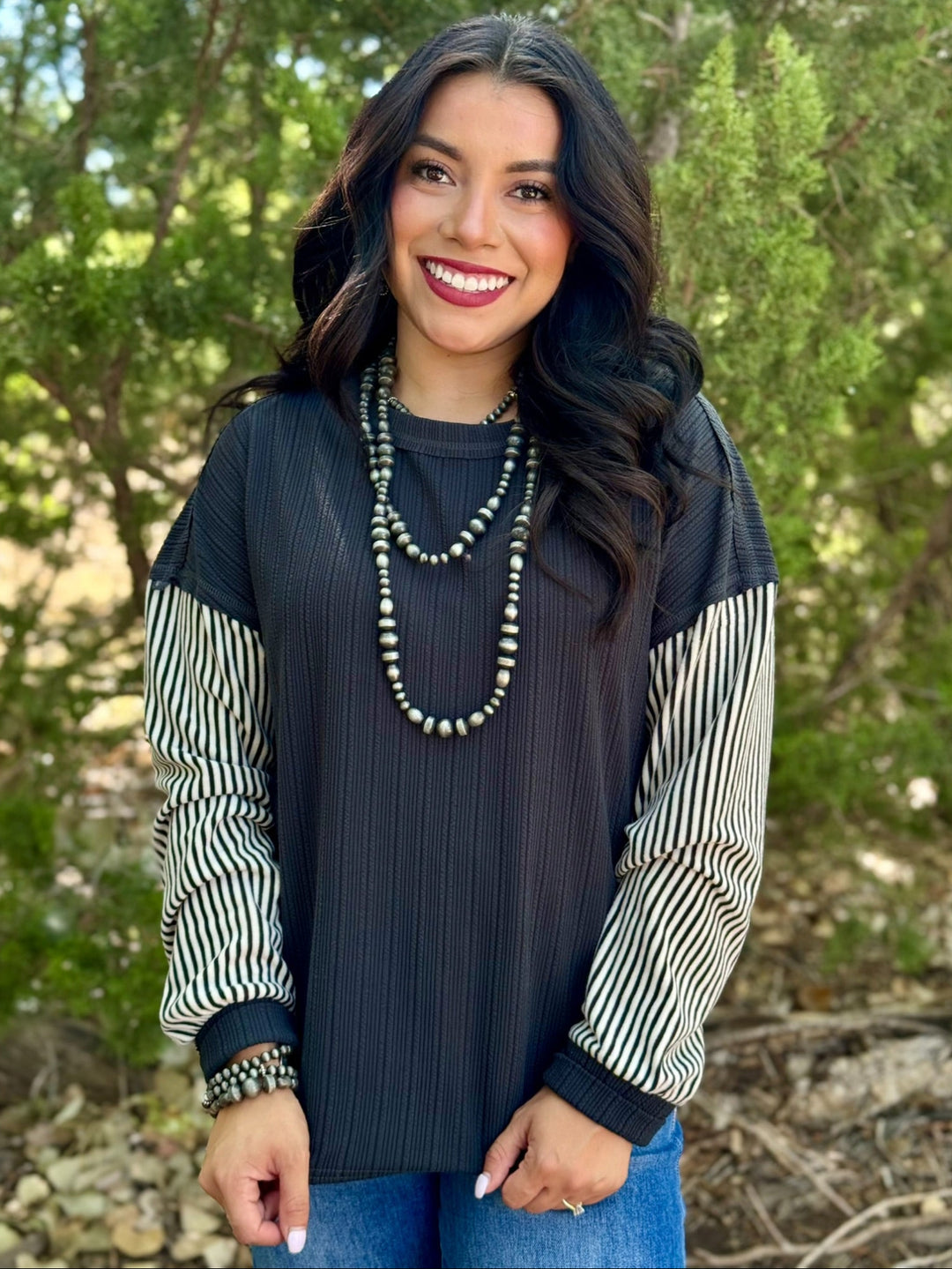 Charcoal Grey Top with Striped Sleeves