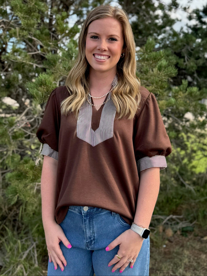 Short Sleeve Brown Top with Stripe Accent