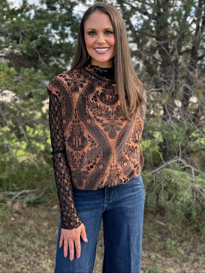 Camel Damask Velvet Top