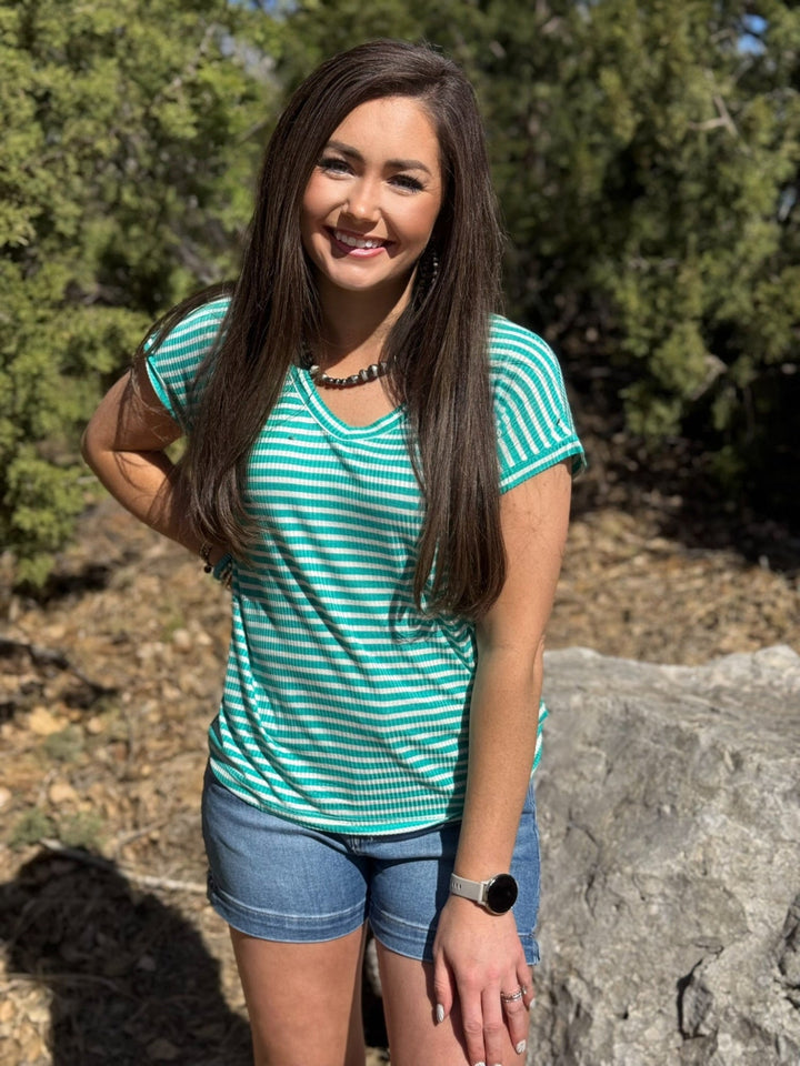 Maliah Turquoise Striped V-Neck Top