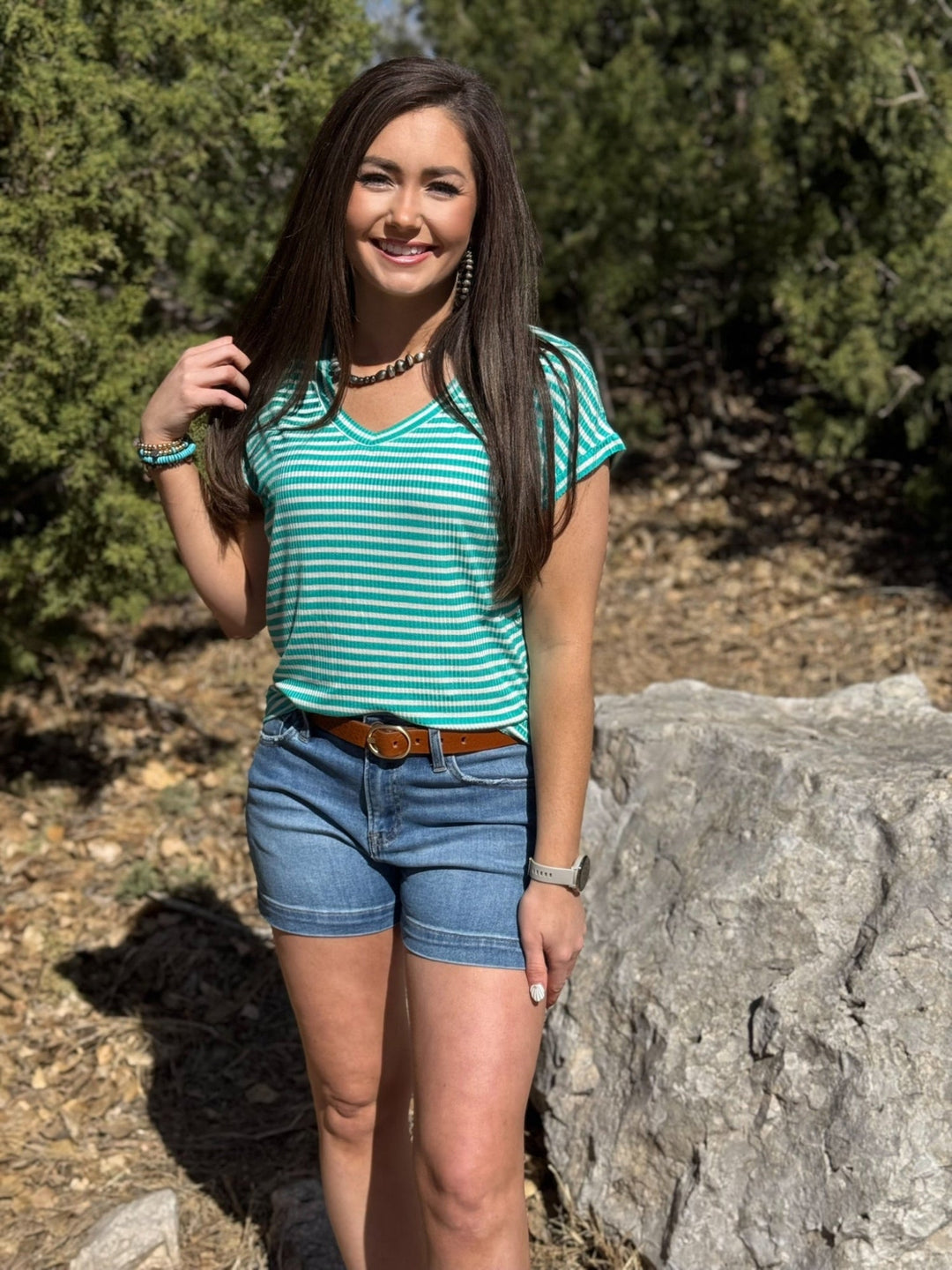 Maliah Turquoise Striped V-Neck Top