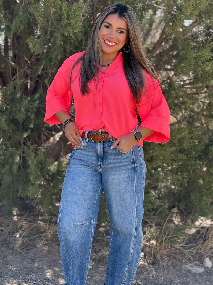 Camille Coral Button Up Top