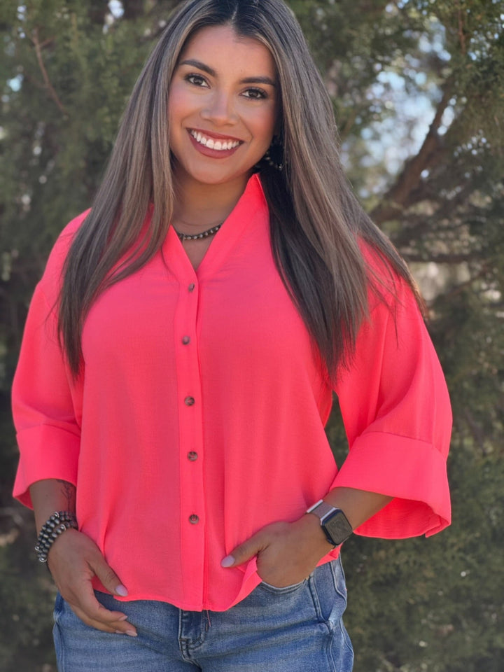 Camille Coral Button Up Top