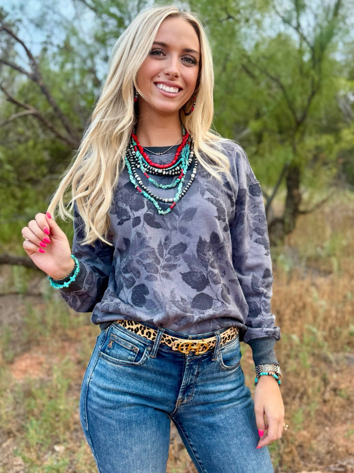Grey Floral Ribbed Top