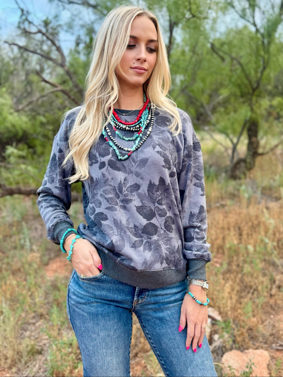 Grey Floral Ribbed Top