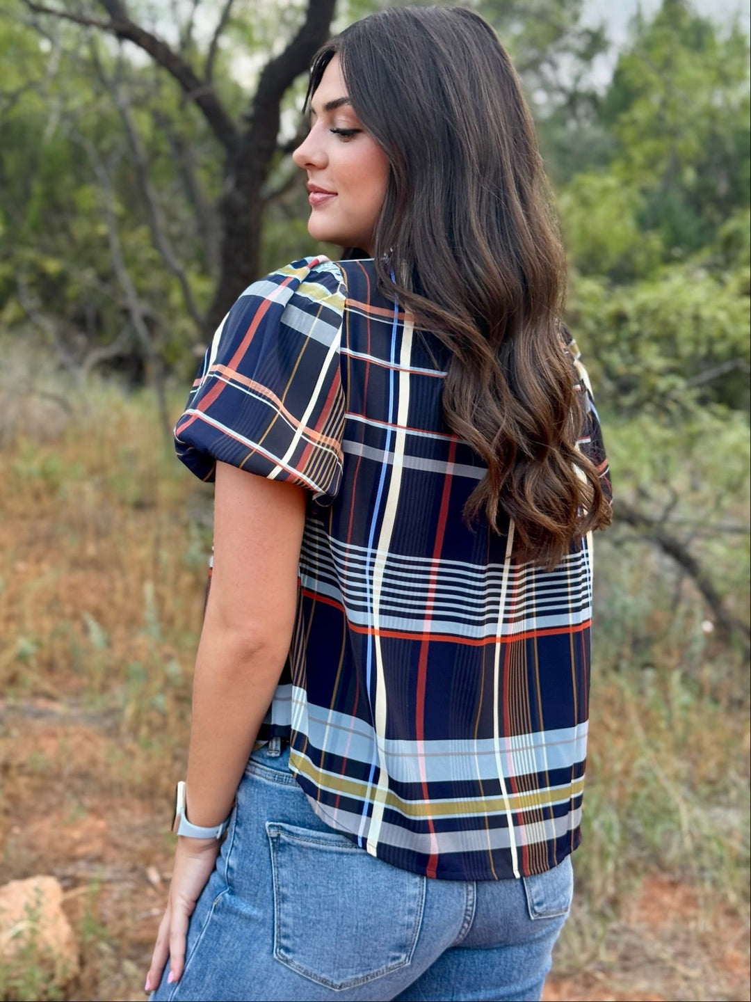 Navy Plaid Perfection Top by THML