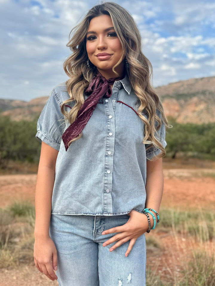 Rope Ridge Pearl Snap Denim Top