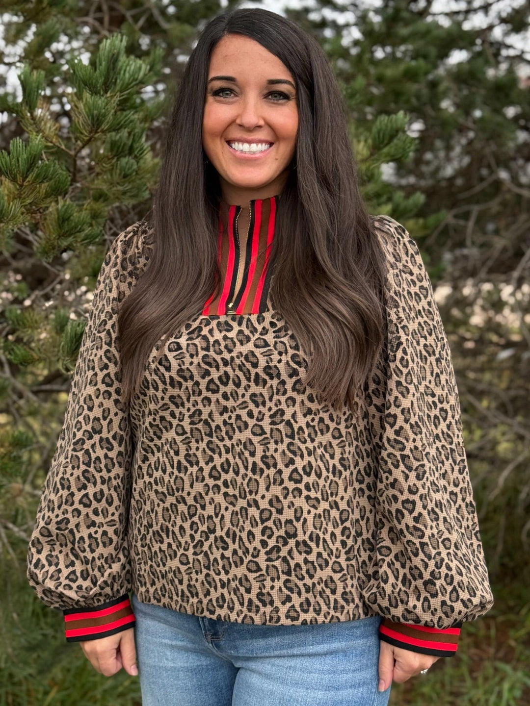 Leopard 1/4 Zip Top With Red Contrast
