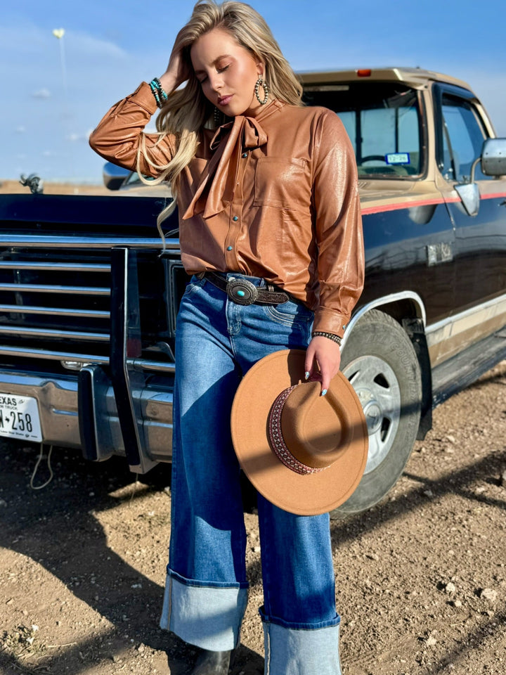 Leather Outlaw Tan Button Up Top
