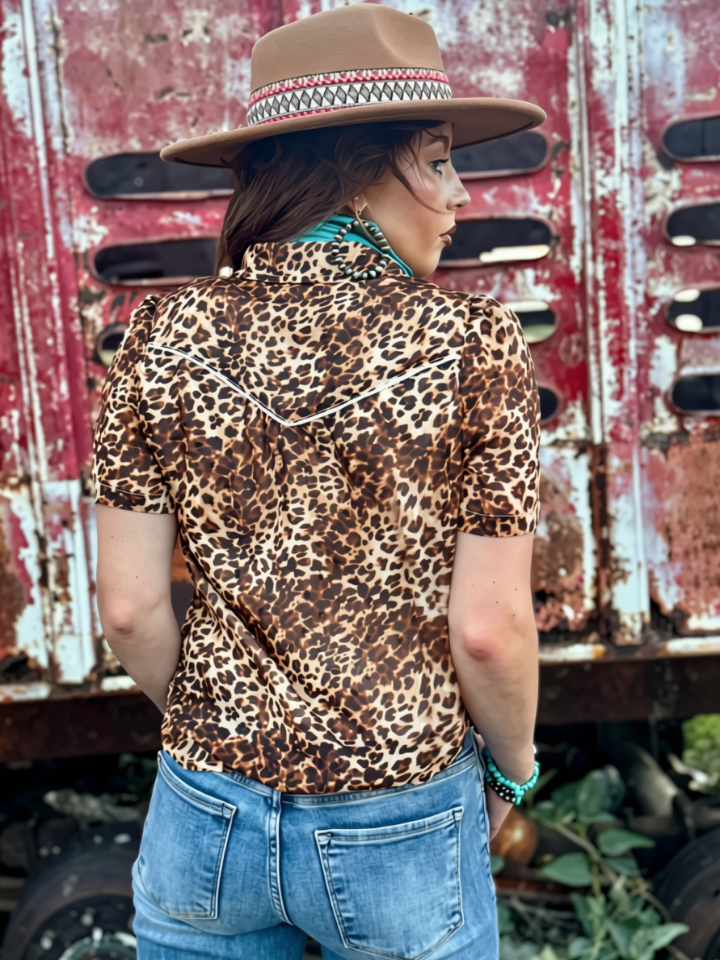 Avri Turquoise Snap Leopard Top