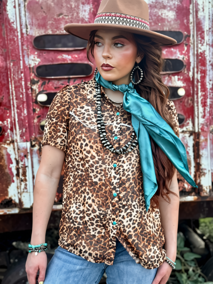 Avri Turquoise Snap Leopard Top