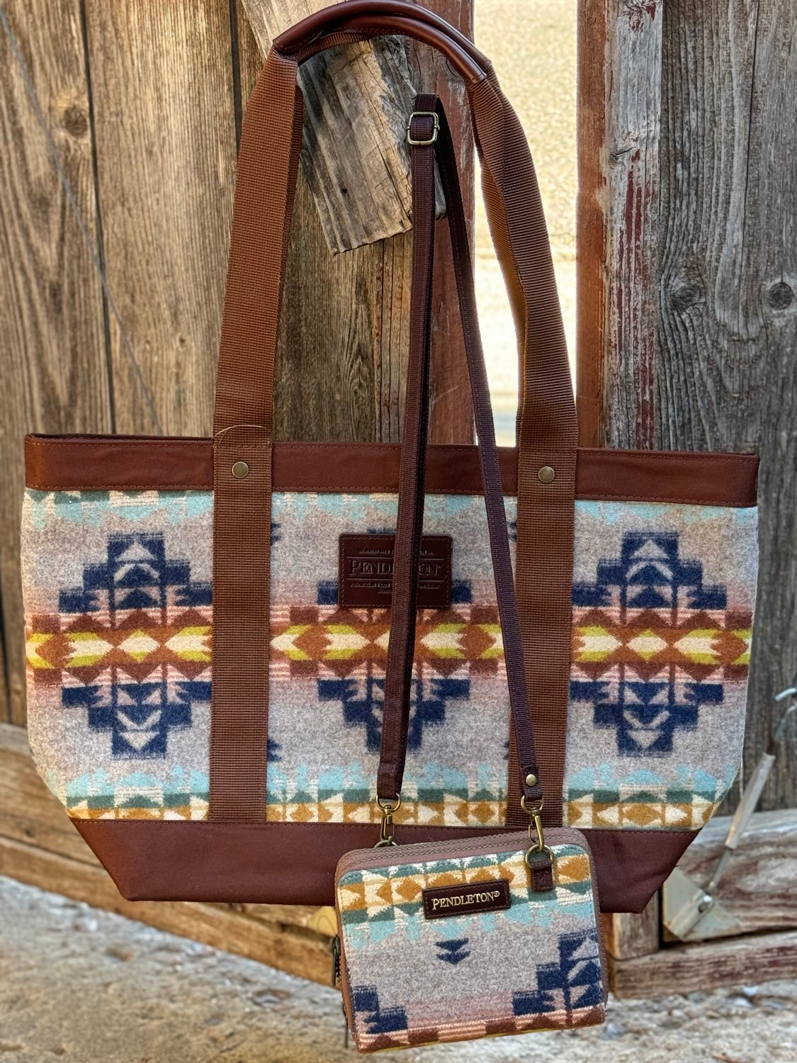 Tan sold and Teal Pendleton Wool Crossbody Bag