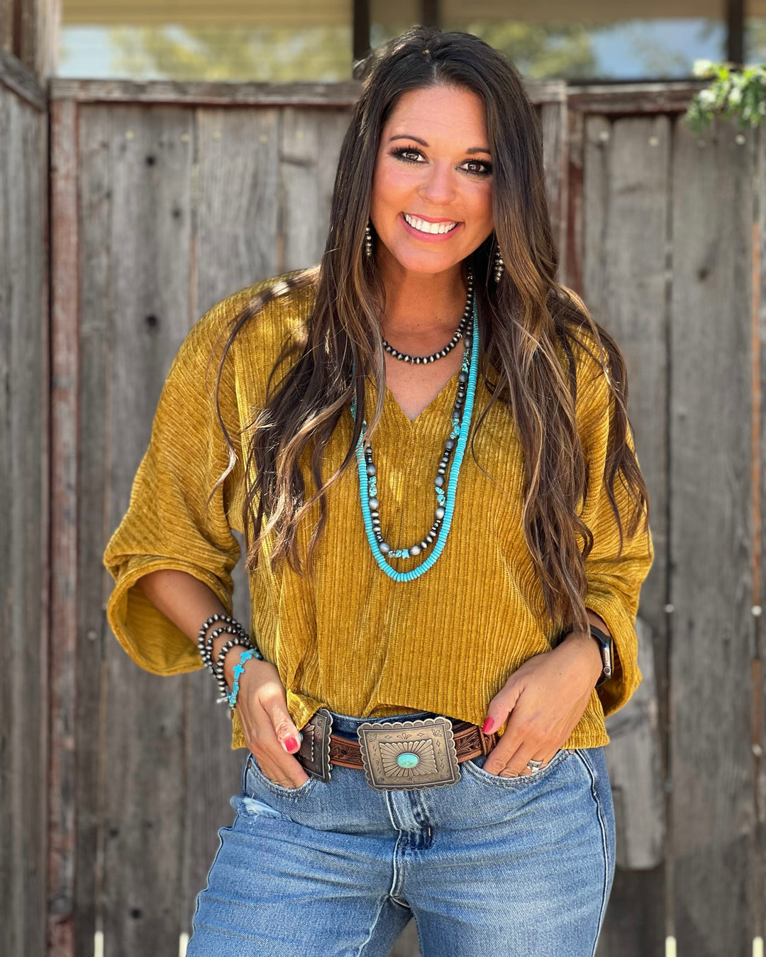 Sandy Mustard 3/4 Sleeve V-Neck Top