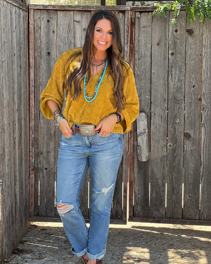 Sandy Mustard 3/4 Sleeve V-Neck Top