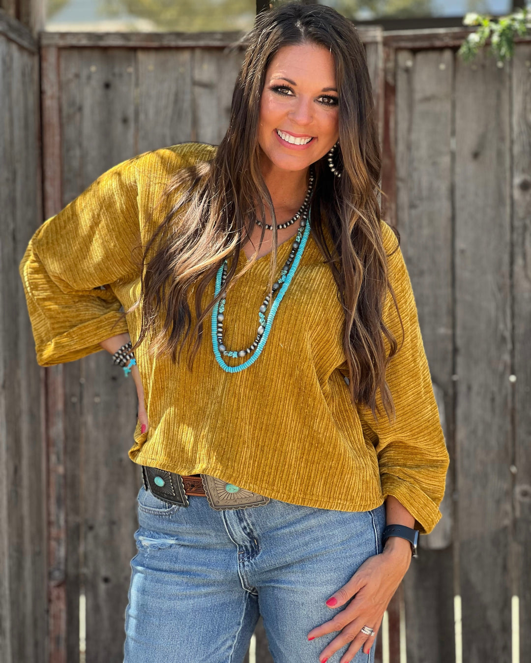 Sandy Mustard 3/4 Sleeve V-Neck Top