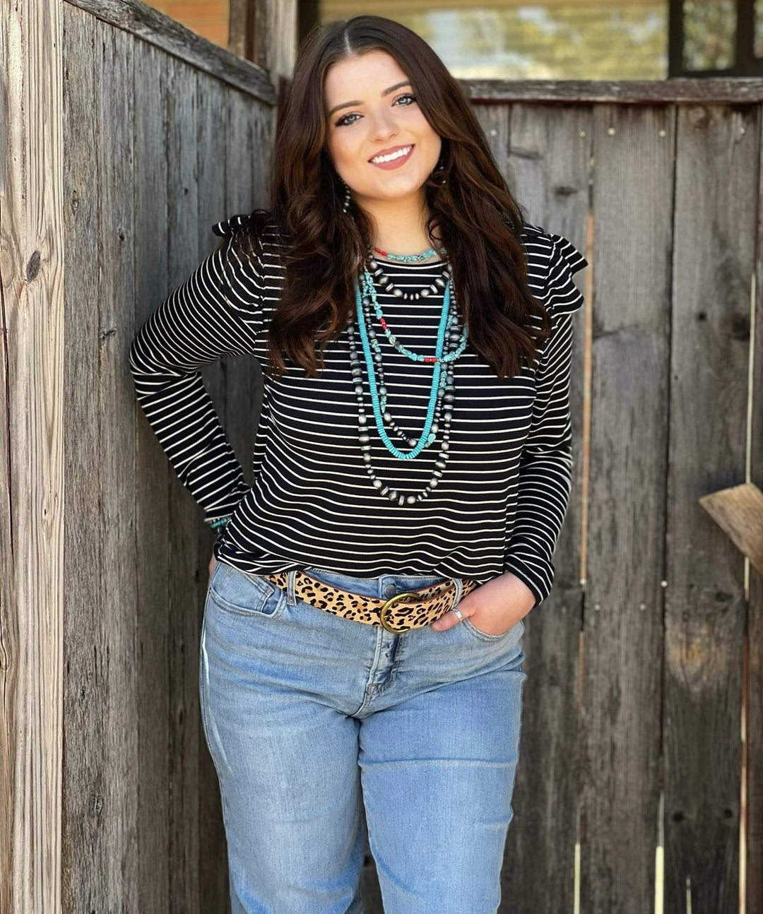 Renee Black & White Striped Ruffle Sleeve Top