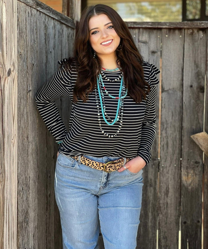 Renee Black & White Striped Ruffle Sleeve Top