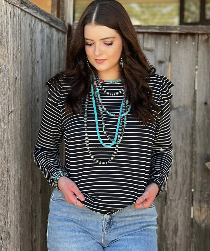 Renee Black & White Striped Ruffle Sleeve Top