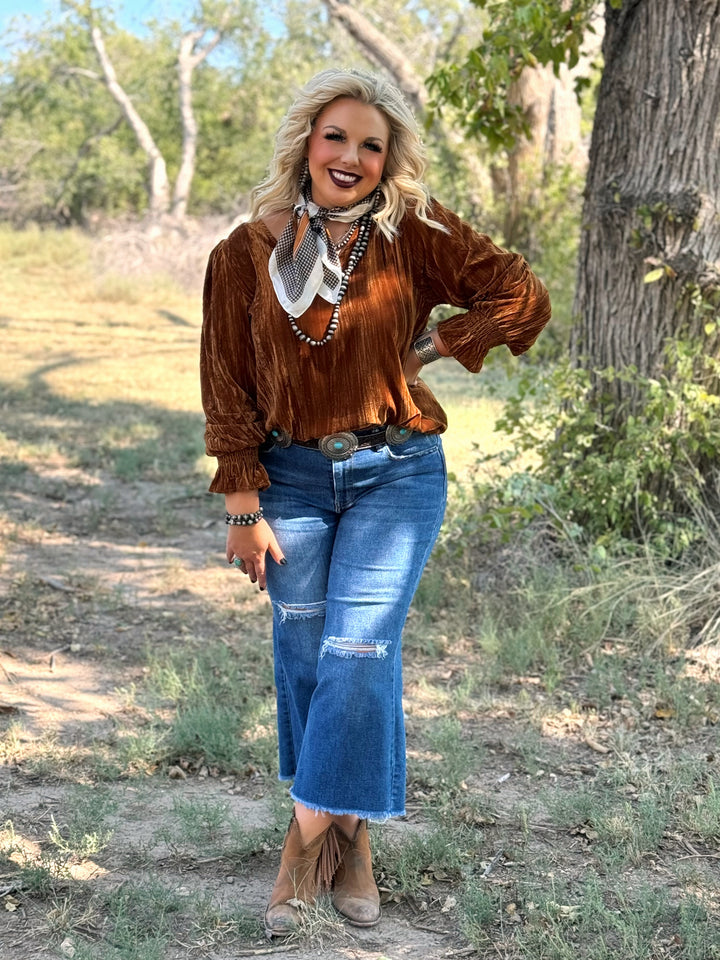 Mandalay Velvet Brown V-Neck Top