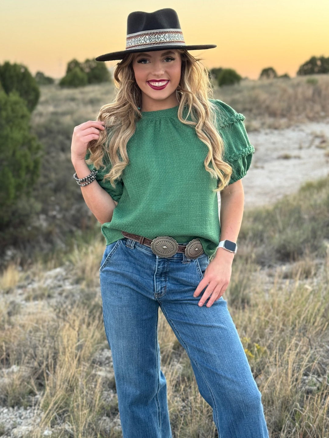 Hope Green Puff Sleeve Tweed Top