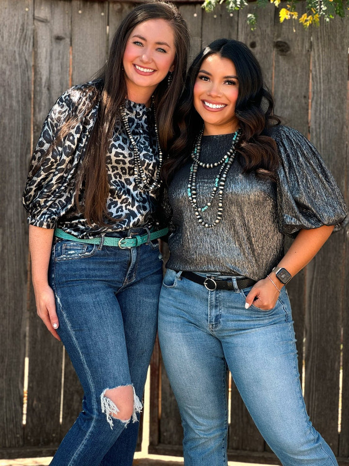 Cromwell Silver & Navy Leopard Button Up Blouse