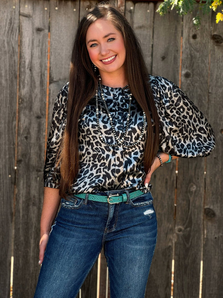 Cromwell Silver & Navy Leopard Button Up Blouse