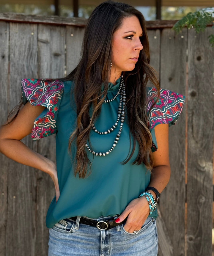 Yuna Embroidered Sleeve Teal Leather Top by THML