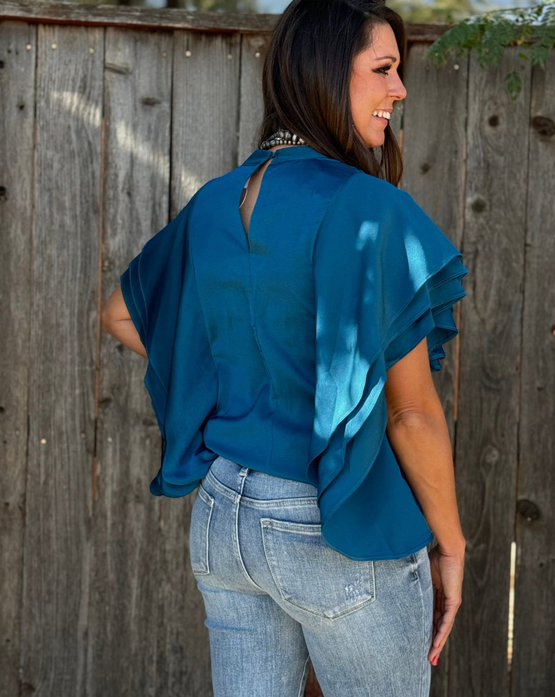 Sabrina Teal Ruffle Sleeve Satin Blouse