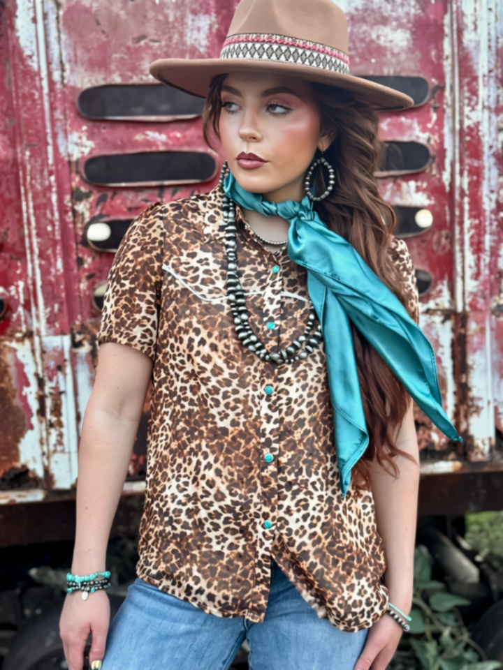 Avri Turquoise Snap Leopard Top