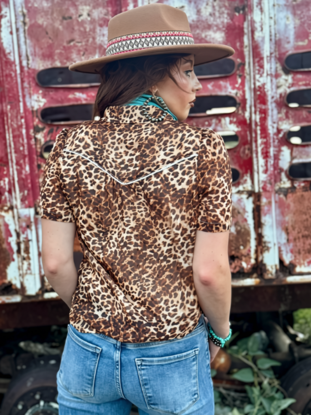 Avri Turquoise Snap Leopard Top