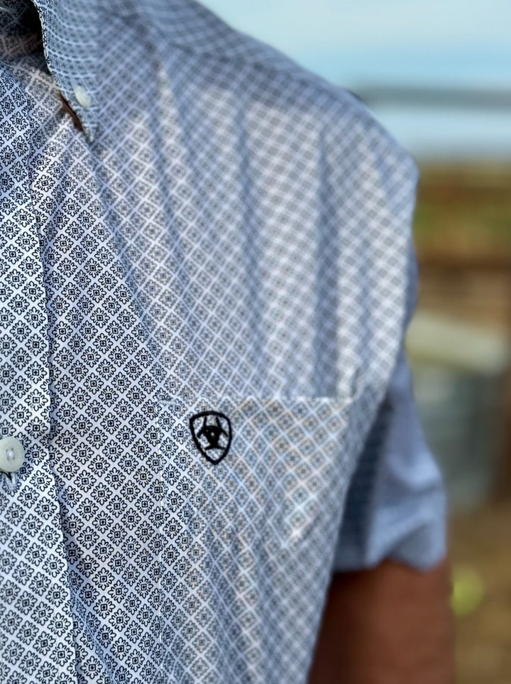 Bear White Geometric Print Wrinkle Free Shirt by Ariat