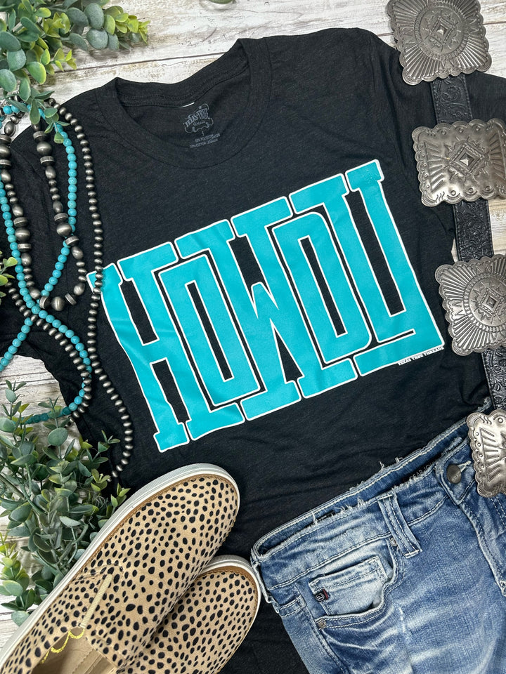 Turquoise Howdy on Black Graphic Tee by Texas True Threads