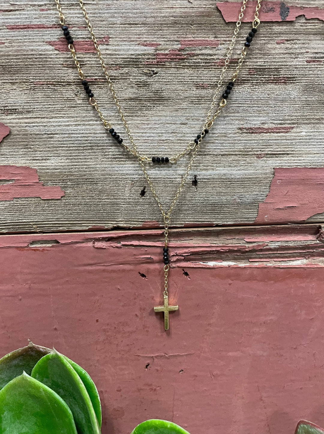 Black and Gold Double Strand Cross Necklace