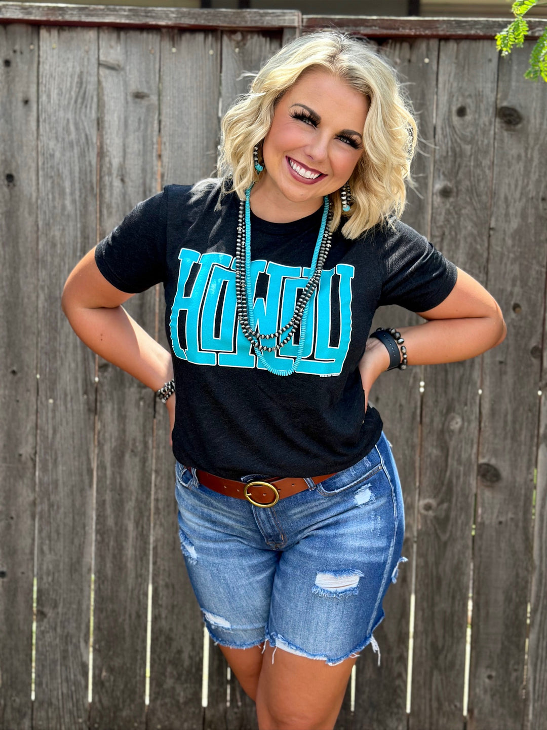 Turquoise Howdy on Black Graphic Tee by Texas True Threads