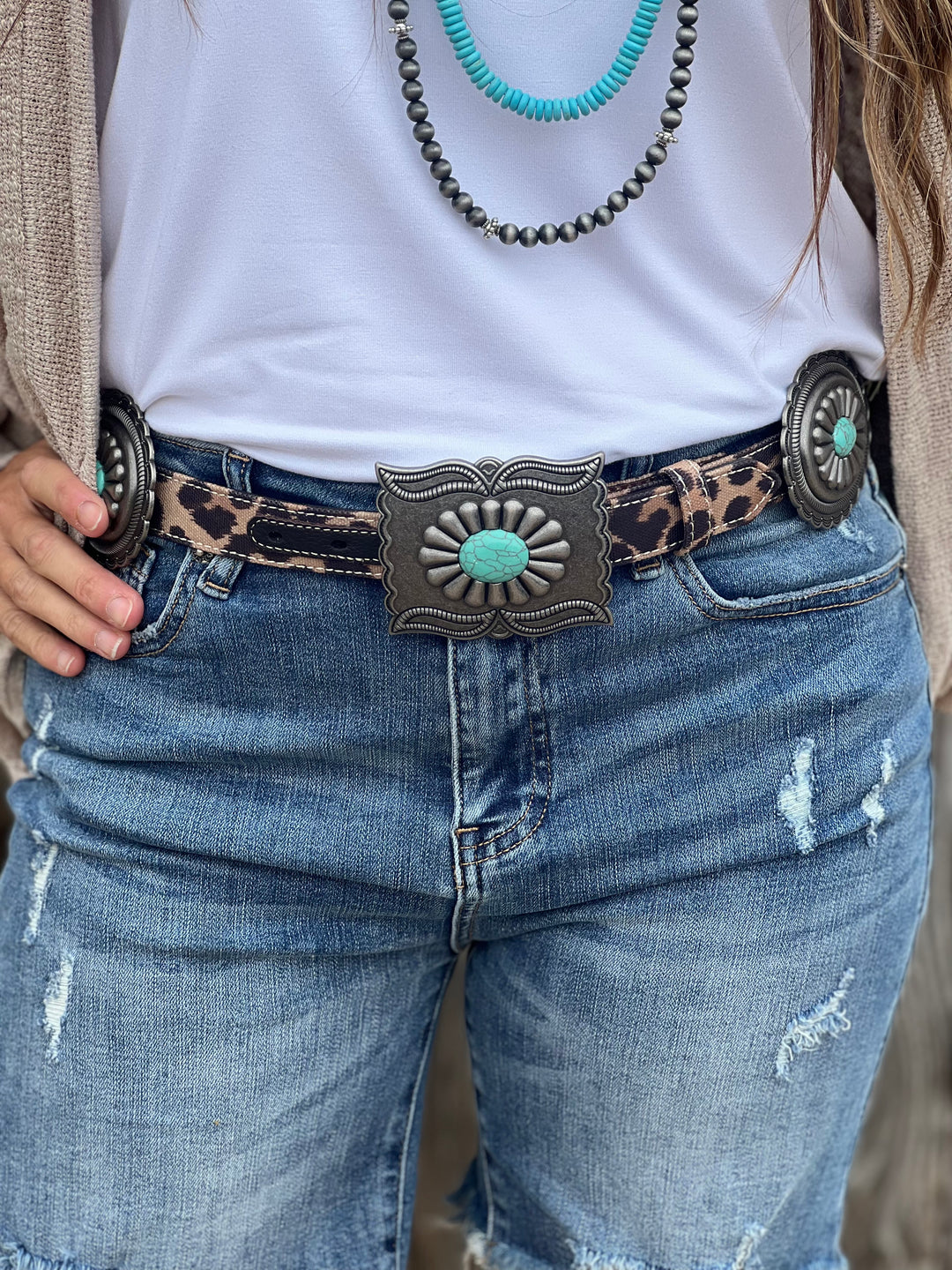Turquoise & Leopard Oval Concho Belt by Ariat