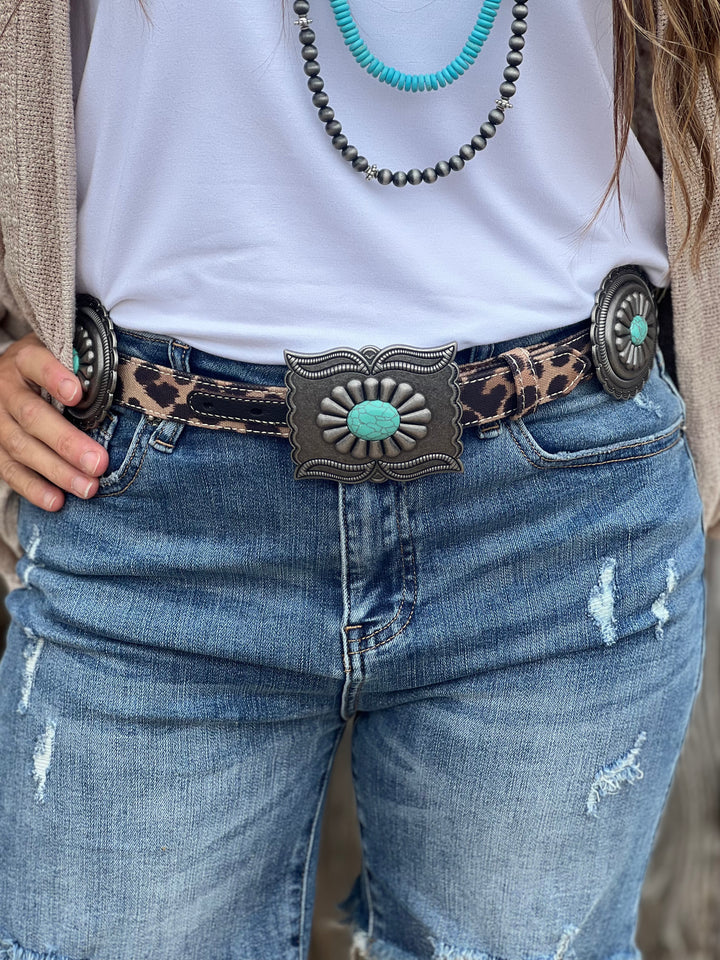 Turquoise & Leopard Oval Concho Belt by Ariat