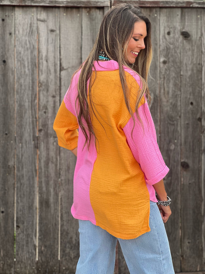 Myla Pink & Orange Color Block Gauze Shirt