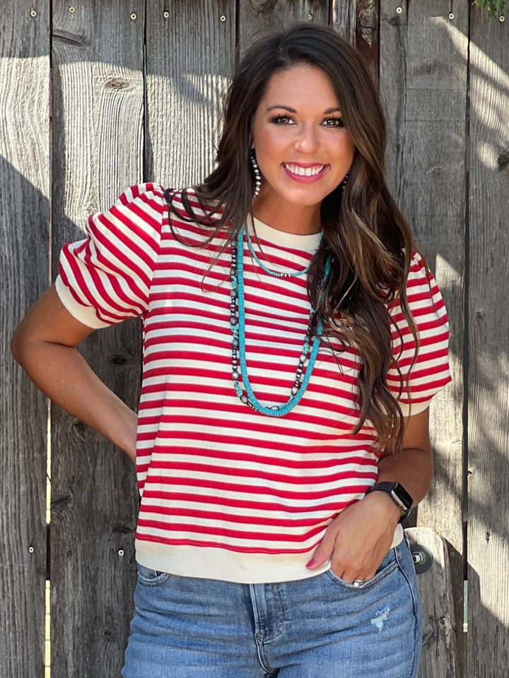 Andrea Red & Cream Stripe Puff Sleeve Top