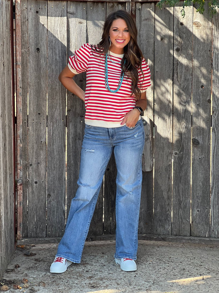 Andrea Red & Cream Stripe Puff Sleeve Top