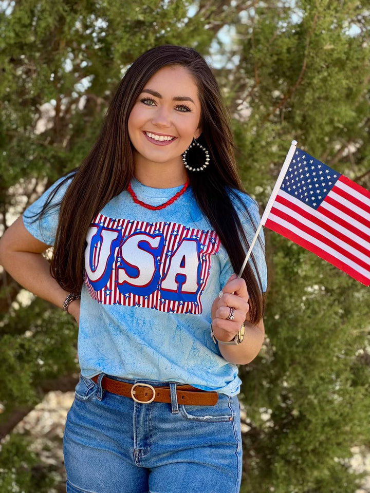 USA Block with Stars & Stripes in Glitter Tee by Texas True Threads