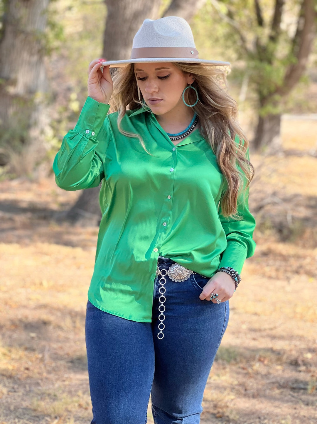 Kelly Green Silky Button Down Blouse