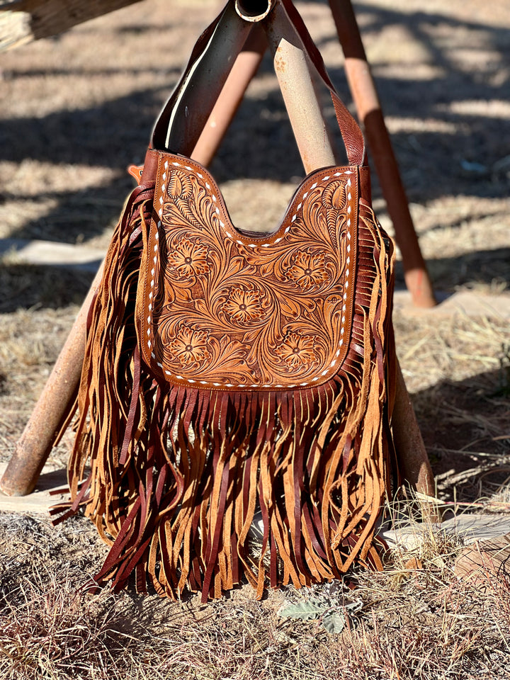 Brown Tooled Fringe Leather Purse