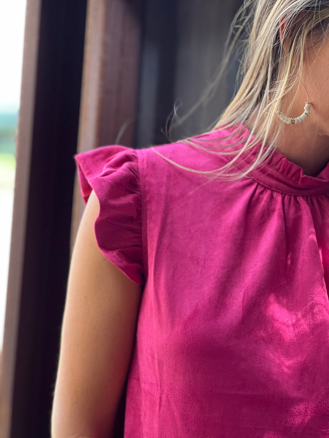 Shelby Pink Suede Ruffle Sleeve Blouse