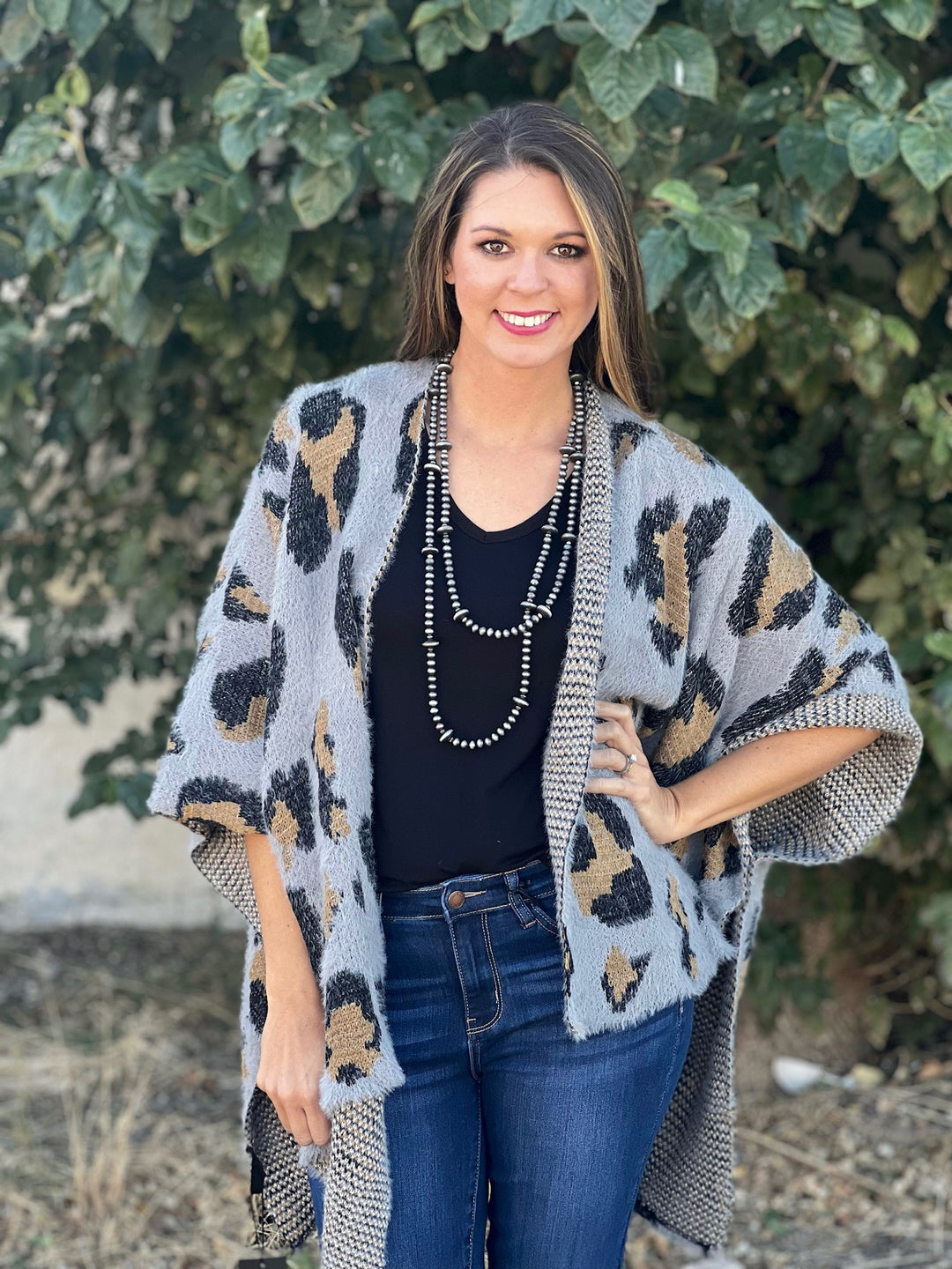 Yolanda Grey Leopard Knit Cardigan